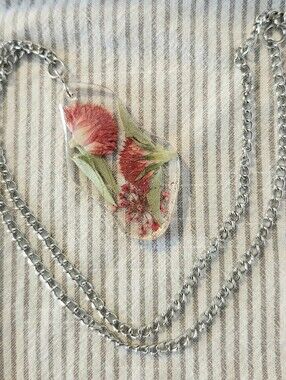 Handcrafted Resin Pendant With Red Pressed Flowers On Link Chain Necklace